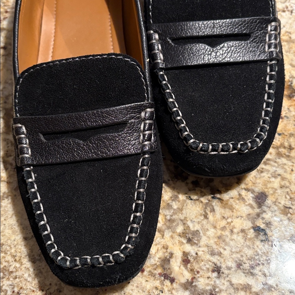 Donald J. Pliner Black Suede Penny Loafers with Metallic Accent - Picture 4 of 5